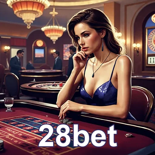 Imagem de um cassino com destaque para o site 28bet, mostrando jogos de azar e ambiente de apostas online.